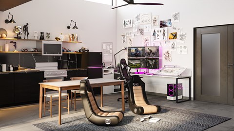 a living room with a table and chairs and a desk with a computer and guitars